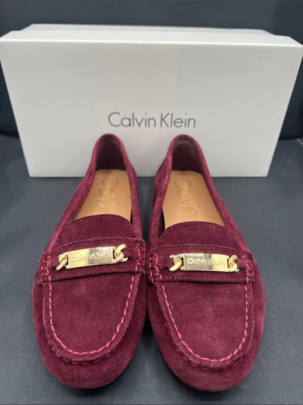 Calvin Klein Wine Suede Loafers with Gold Plaque